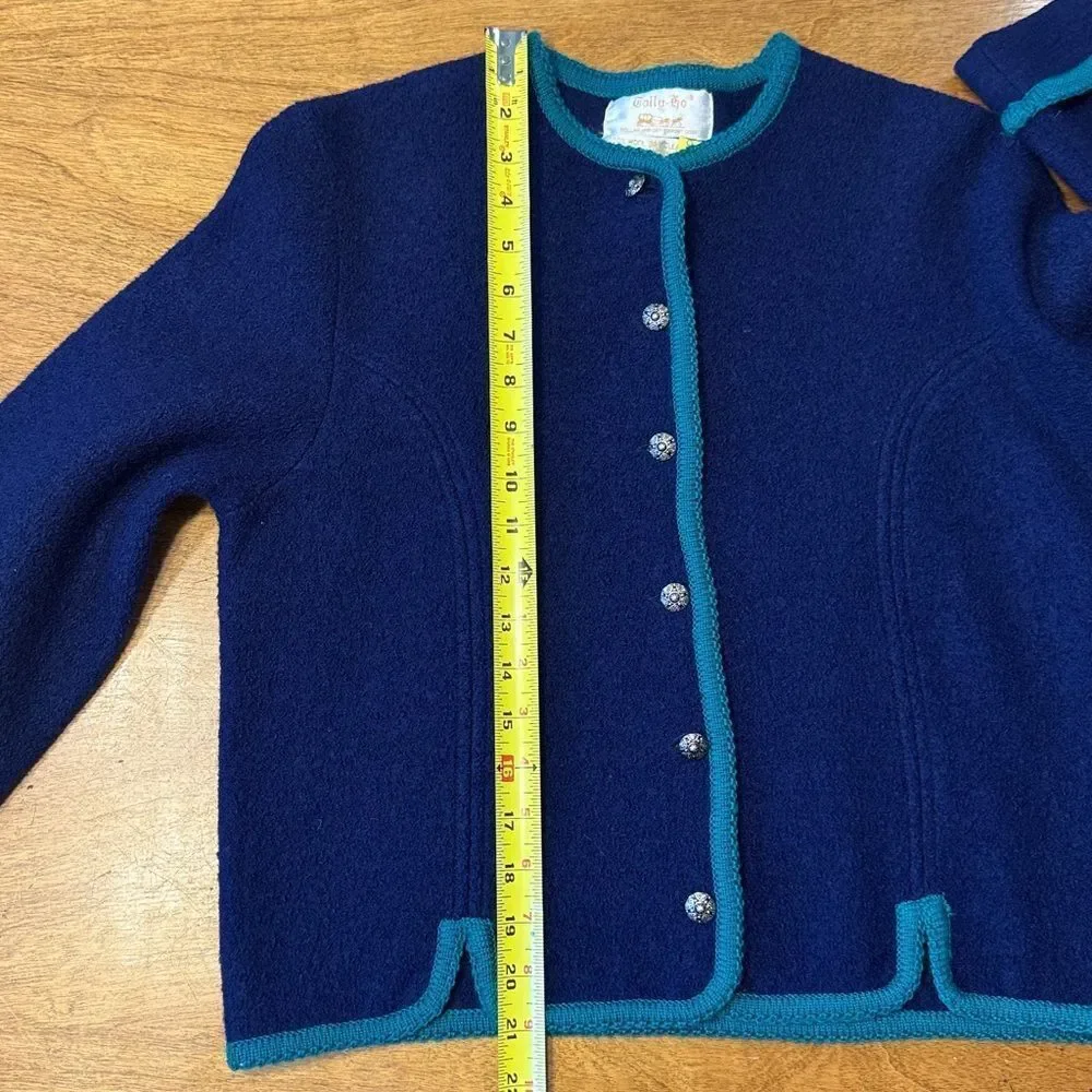 Vintage Tally-Ho 100% Wool Cardigan Sweater in navy blue with green trim